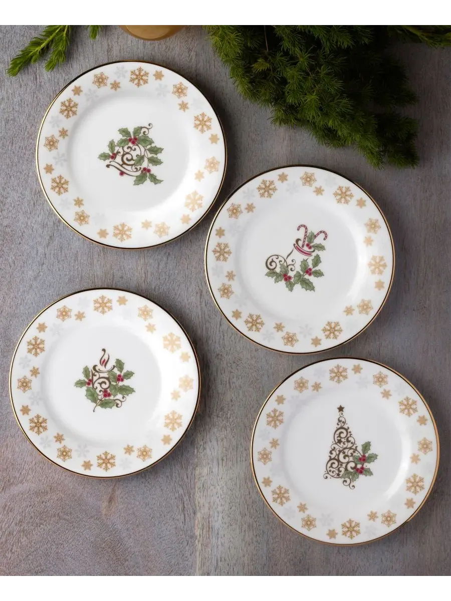 Набор из 4 праздничных тарелок для закусок Holly & Berry Gold, 16 см Noritake — изображение 6 из 11, белый/зеленый/красный
