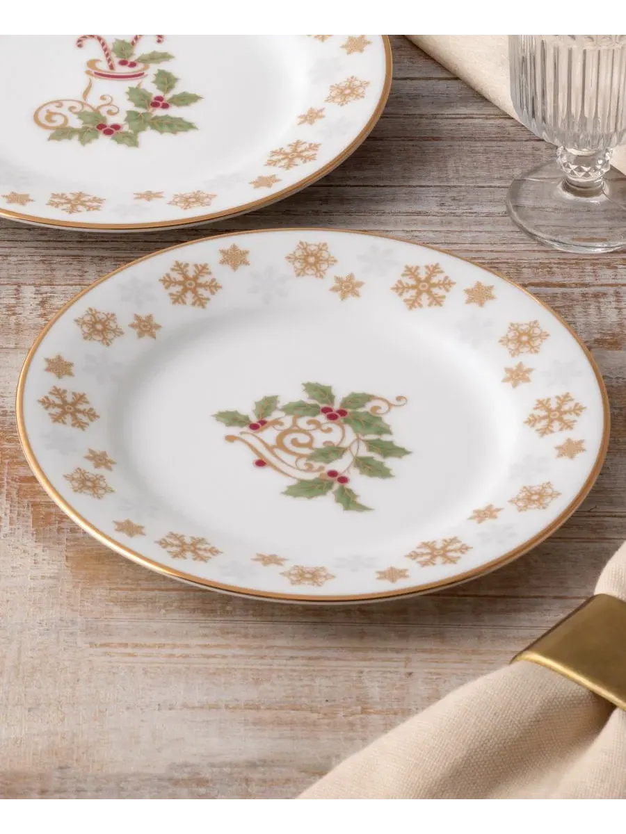 Набор из 4 праздничных тарелок для закусок Holly & Berry Gold, 16 см Noritake — изображение 7 из 11, белый/зеленый/красный