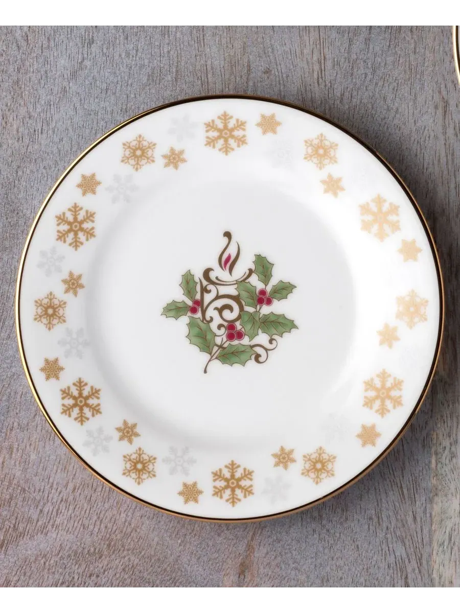 Набор из 4 праздничных тарелок для закусок Holly & Berry Gold, 16 см Noritake — изображение 9 из 11, белый/зеленый/красный