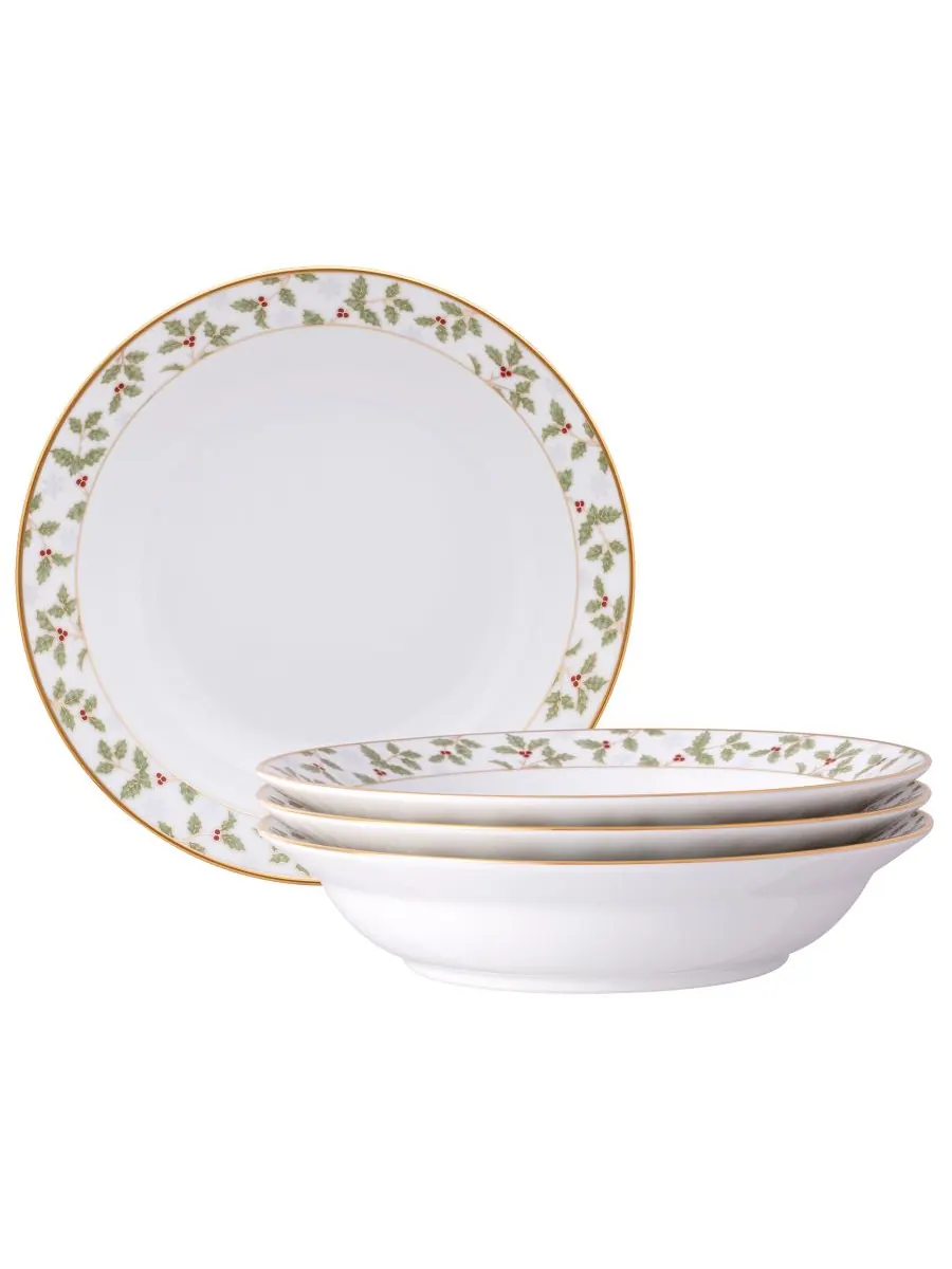 Набор из 4 обеденных мисок Holly & Berry Gold с золотистым ободком, 10 дюймов, 25 унций Noritake — изображение 1 из 4, мульти