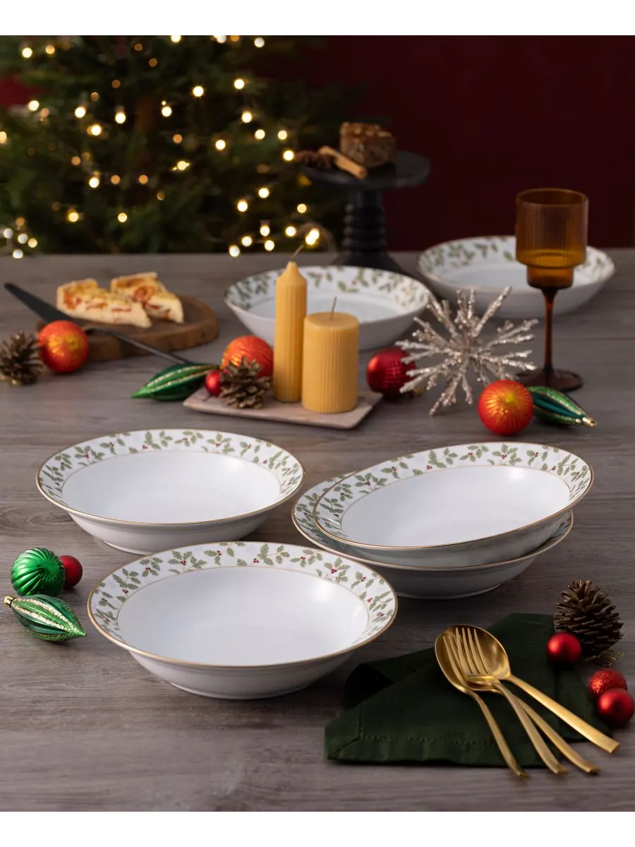 Набор из 4 обеденных мисок Holly & Berry Gold с золотистым ободком, 10 дюймов, 25 унций Noritake — изображение 2 из 4, мульти