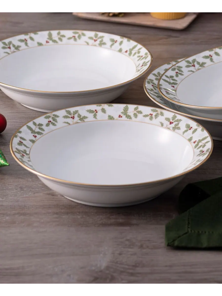 Набор из 4 обеденных мисок Holly & Berry Gold с золотистым ободком, 10 дюймов, 25 унций Noritake — изображение 3 из 4, мульти