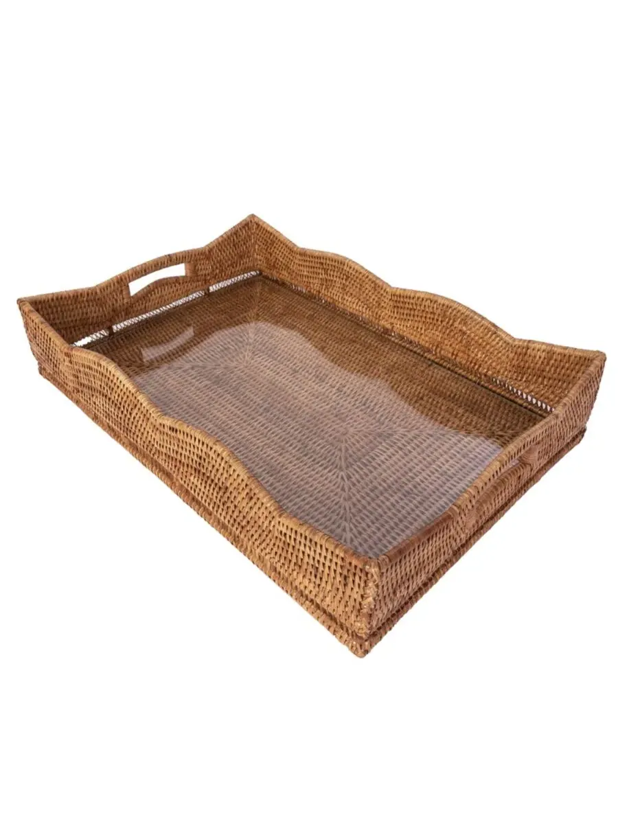 Прямоугольный поднос из ротанга с волнистым краем и стеклянной вставкой Artifacts Trading Company — изображение 3 из 3