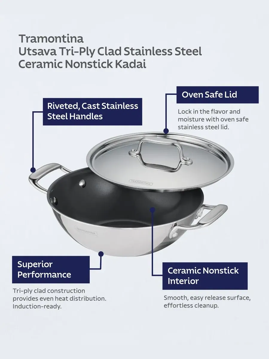 Кастрюля-кхади с крышкой Utsava Tri-Ply Clad Stainless Steel, 6 л Tramontina — изображение 5 из 11, серебряный