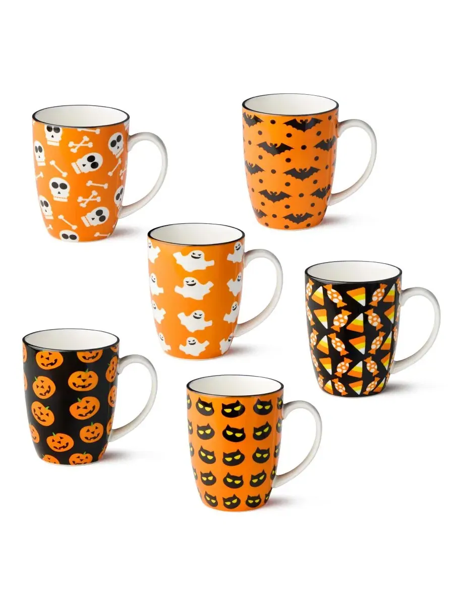 Набор из 6 кружек Halloween Pad Print, 14 унций, фарфор Certified International — изображение 1 из 7, мульти