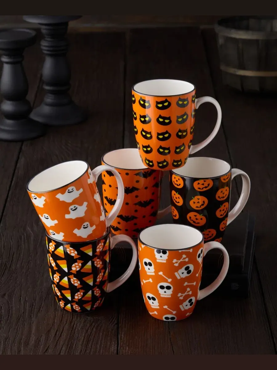 Набор из 6 кружек Halloween Pad Print, 14 унций, фарфор Certified International — изображение 5 из 7, мульти