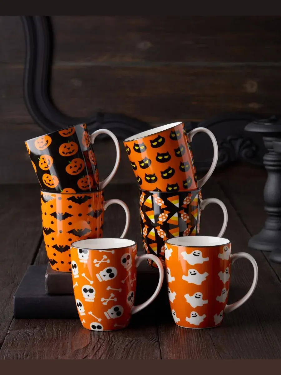 Набор из 6 кружек Halloween Pad Print, 14 унций, фарфор Certified International — изображение 7 из 7, мульти