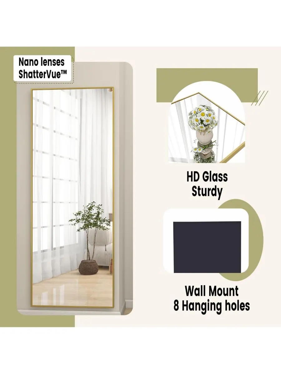 HOMLUX Зеркало из наностекла прямоугольной формы, золотистое, 64"x21", напольное или настенное — изображение 6 из 9, золото
