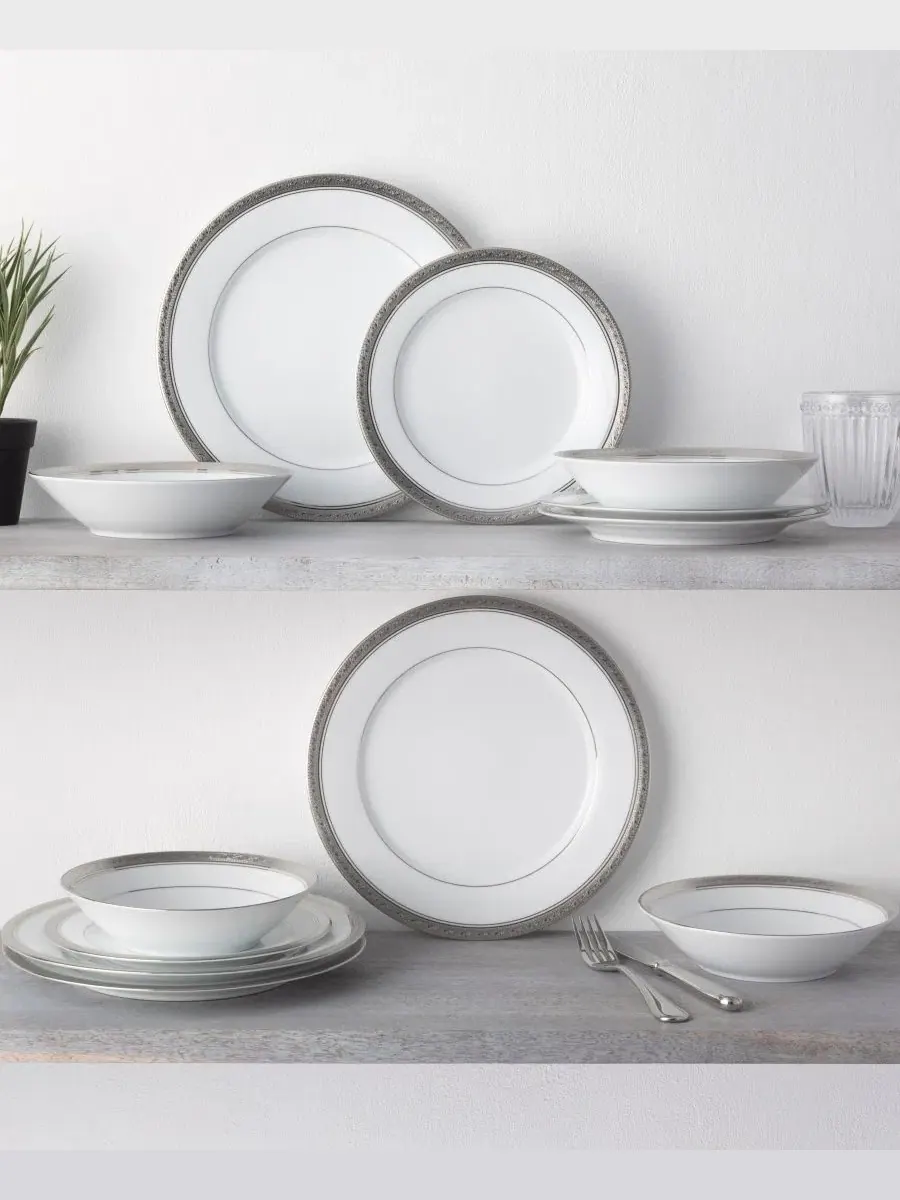 Набор из 4 обеденных тарелок Crestwood Platinum, сервиз на 4 персоны Noritake — изображение 2 из 10, белый