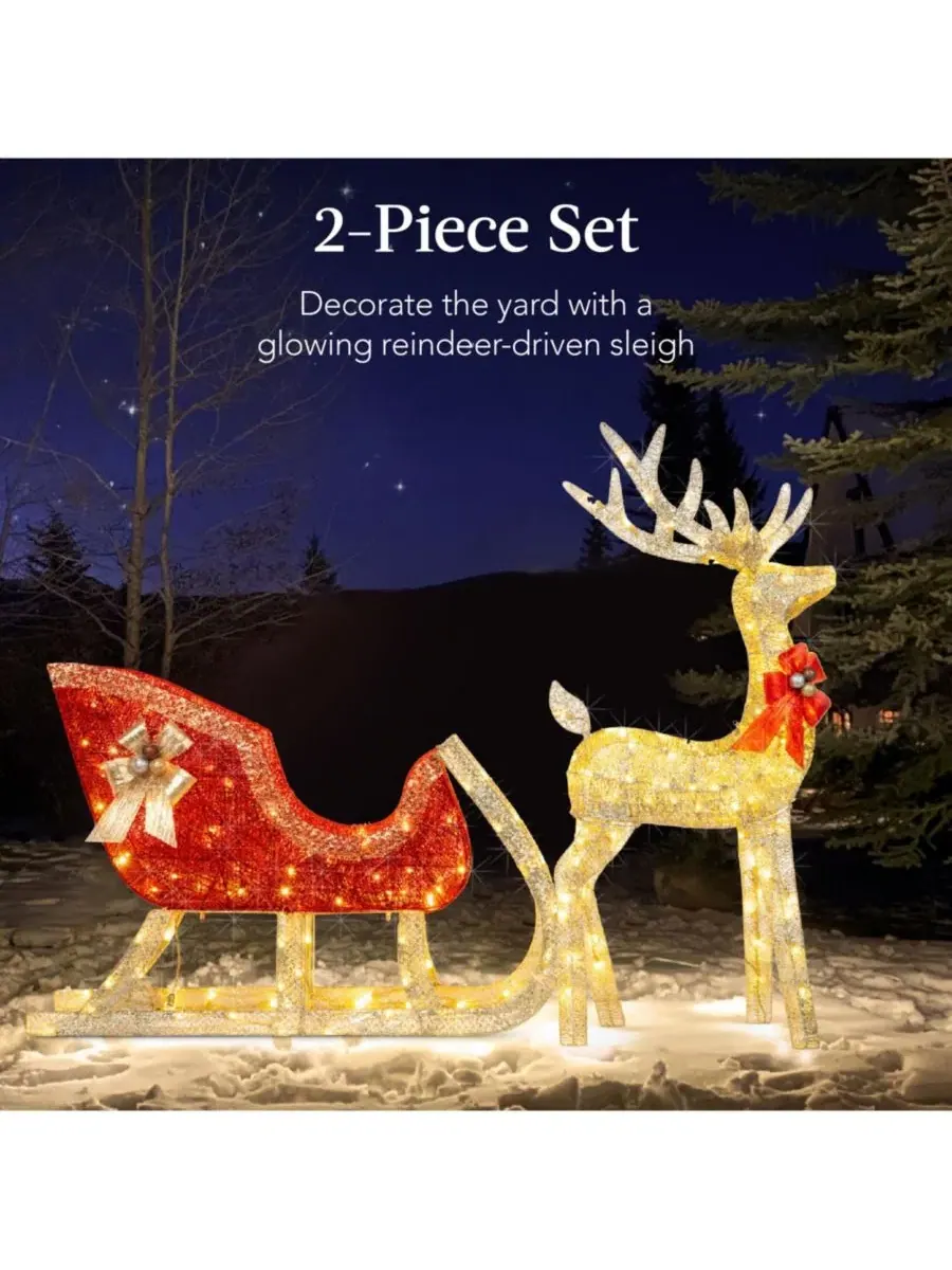 Светящийся рождественский декор 4 фута Олень и Сани с 205 LED лампочками Best Choice Products — изображение 2 из 7