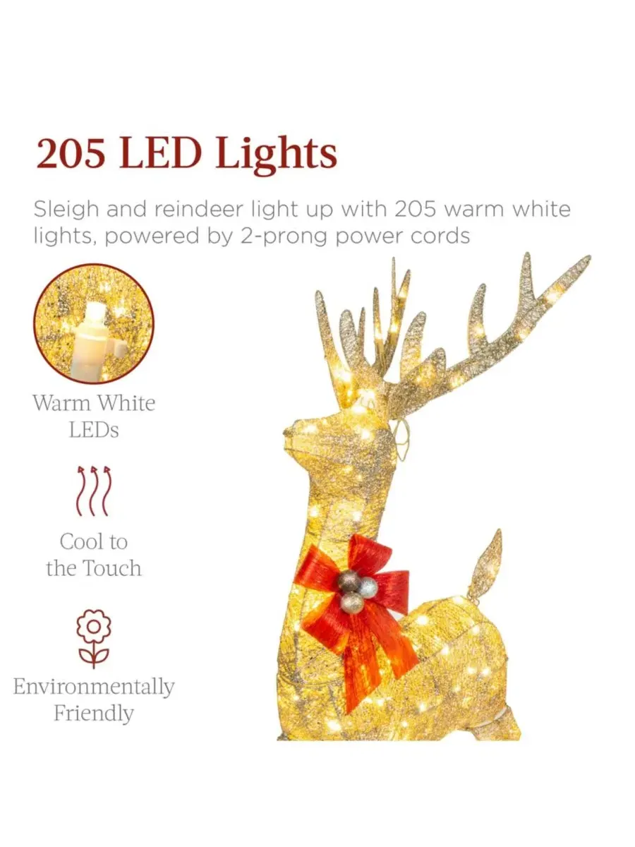 Светящийся рождественский декор 4 фута Олень и Сани с 205 LED лампочками Best Choice Products — изображение 4 из 7