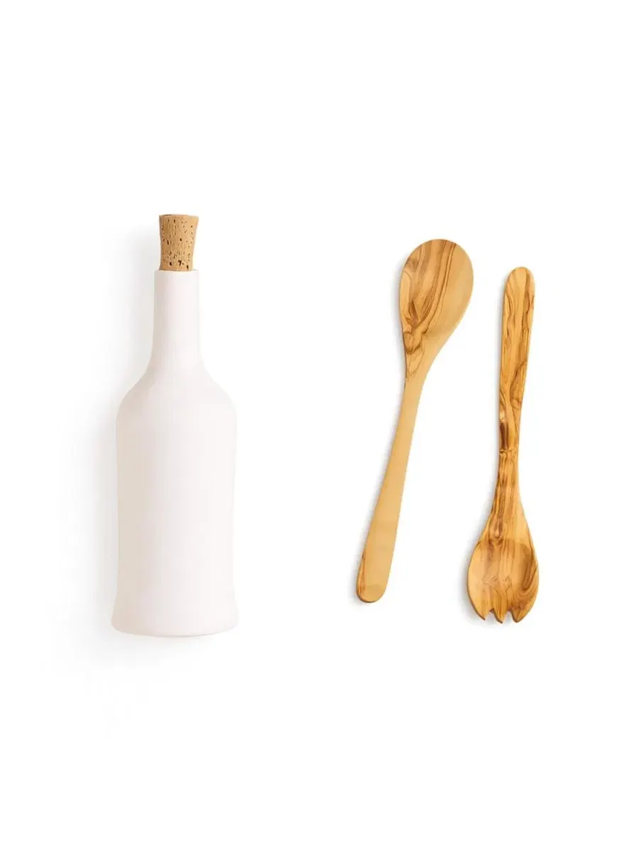 Набор для сервировки из оливкового дерева и каменной керамики Olive Essence Duo Gharyan Stoneware — белый