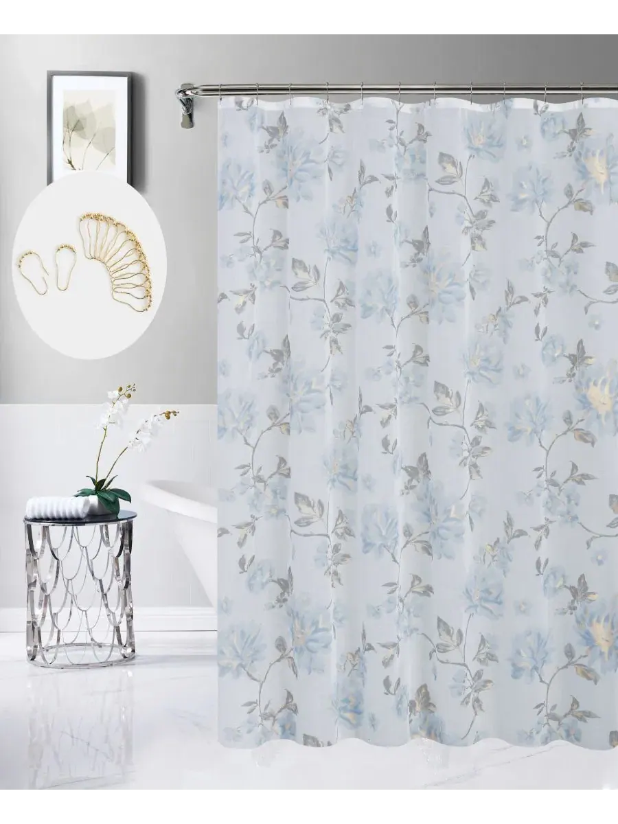 Шторка для ванной с металлическим цветочным принтом, 13 предметов Dainty Home — изображение 1 из 5, синий