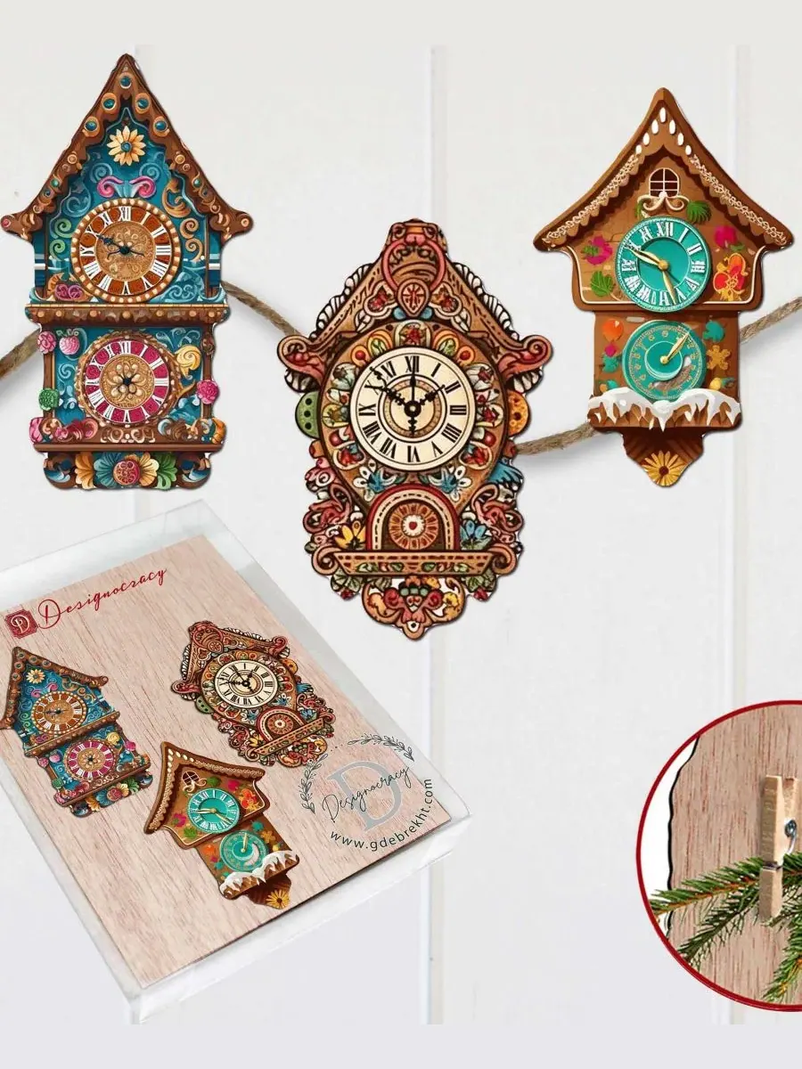 Набор деревянных елочных игрушек-прищепок Miniature Clock, 3 шт. Designocracy — изображение 2 из 8, мульти