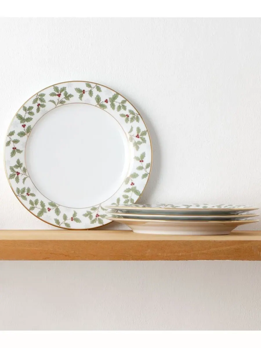 Набор из 4 салатниц Holly & Berry Gold, диаметр 21 см Noritake — изображение 2 из 11, белый зеленый