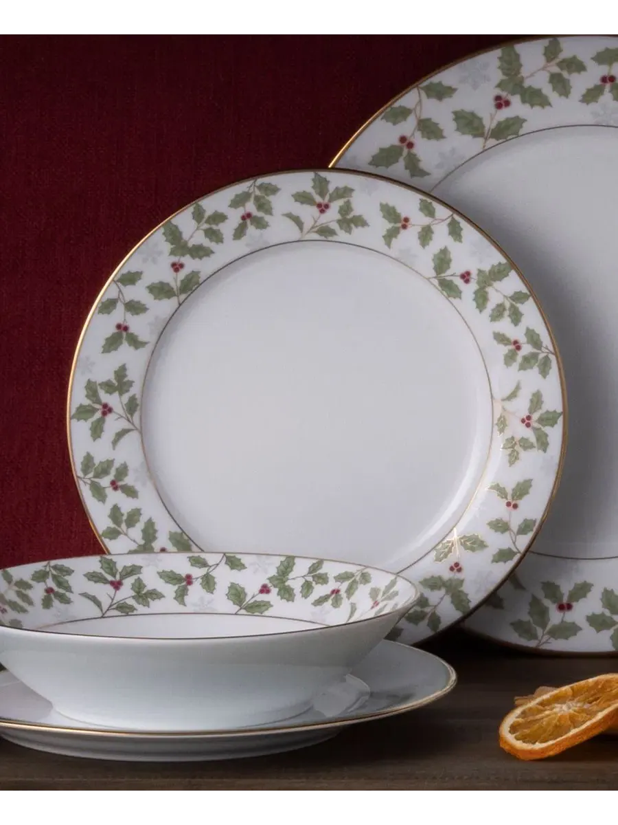 Набор из 4 салатниц Holly & Berry Gold, диаметр 21 см Noritake — изображение 10 из 11, белый зеленый