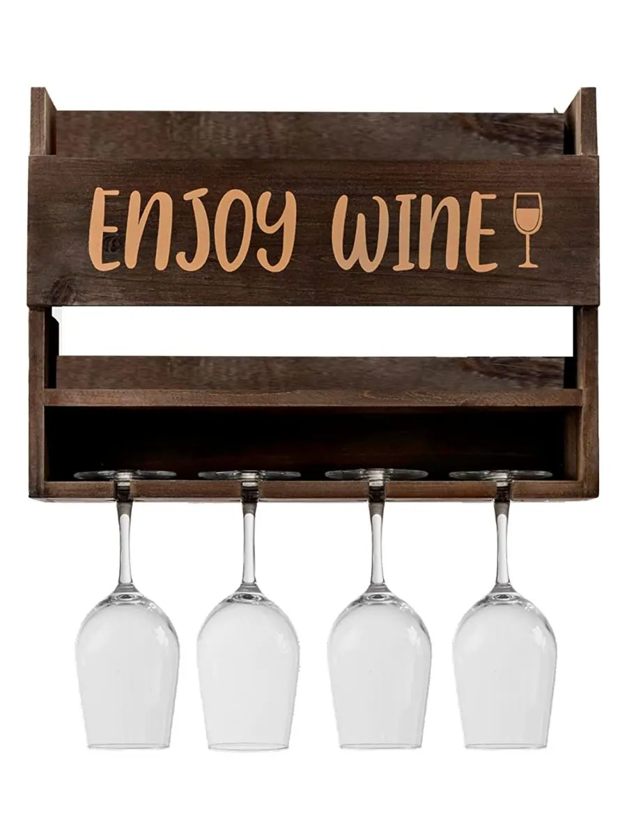 Настенная винная полка Enjoy Wine с бокалами, набор из 5 штук Bezrat — коричневый