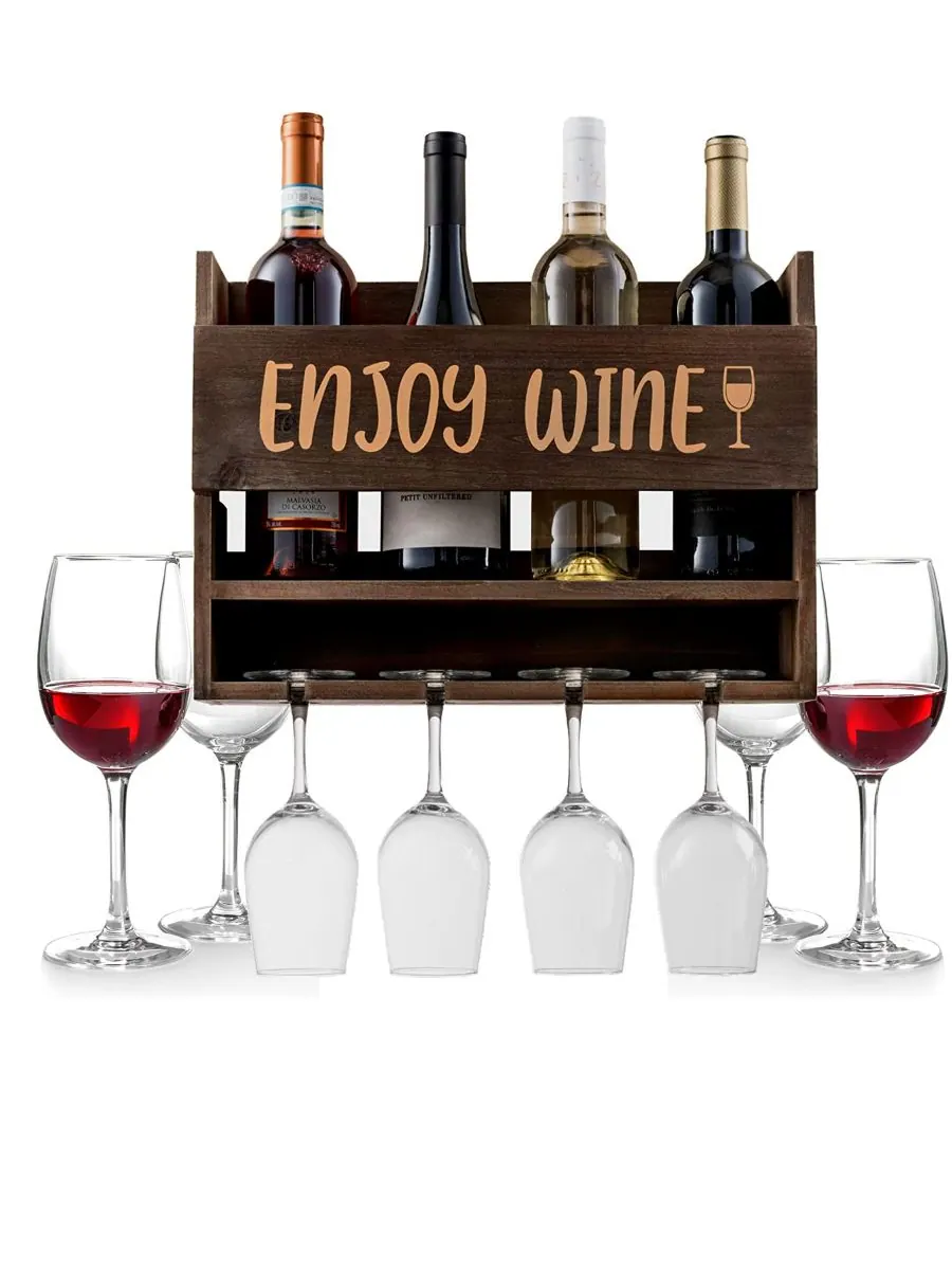 Настенная винная полка Enjoy Wine с бокалами, набор из 5 штук Bezrat — изображение 2 из 7, коричневый