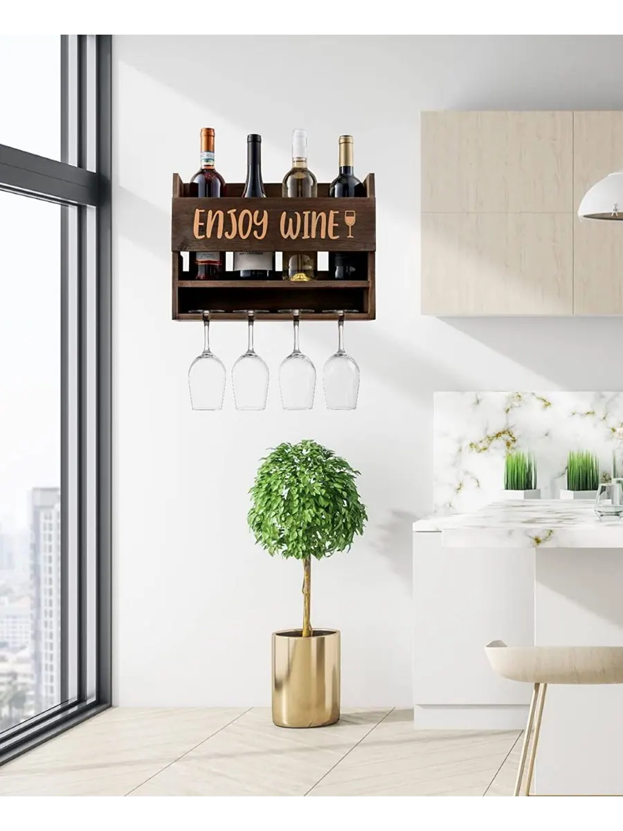 Настенная винная полка Enjoy Wine с бокалами, набор из 5 штук Bezrat — изображение 4 из 7, коричневый