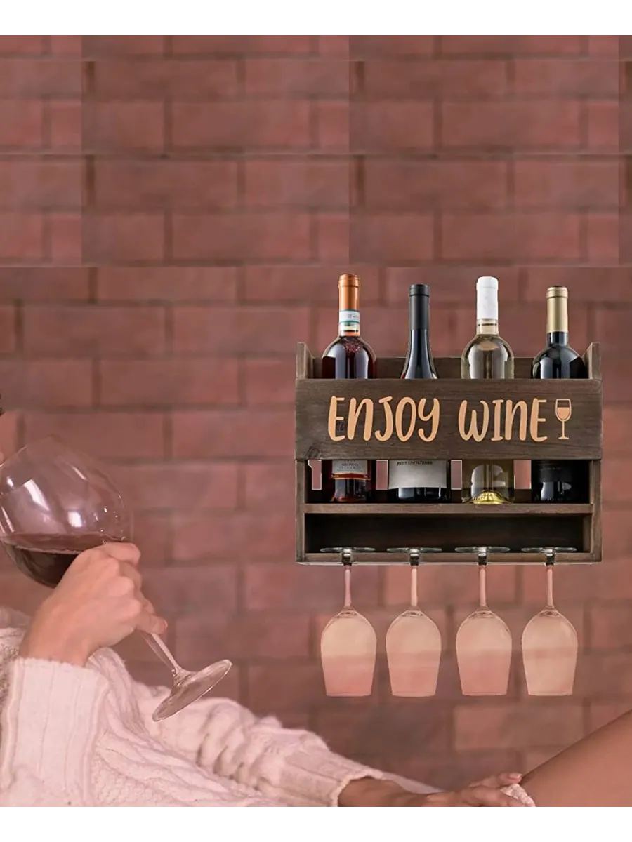 Настенная винная полка Enjoy Wine с бокалами, набор из 5 штук Bezrat — изображение 5 из 7, коричневый
