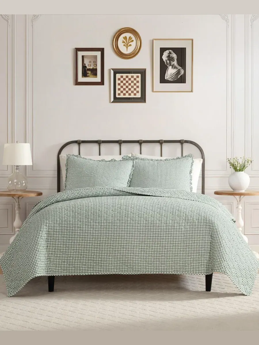 Комплект стеганого одеяла из хлопка в клетку Gracies Laura Ashley — изображение 1 из 8, оливковый зеленый
