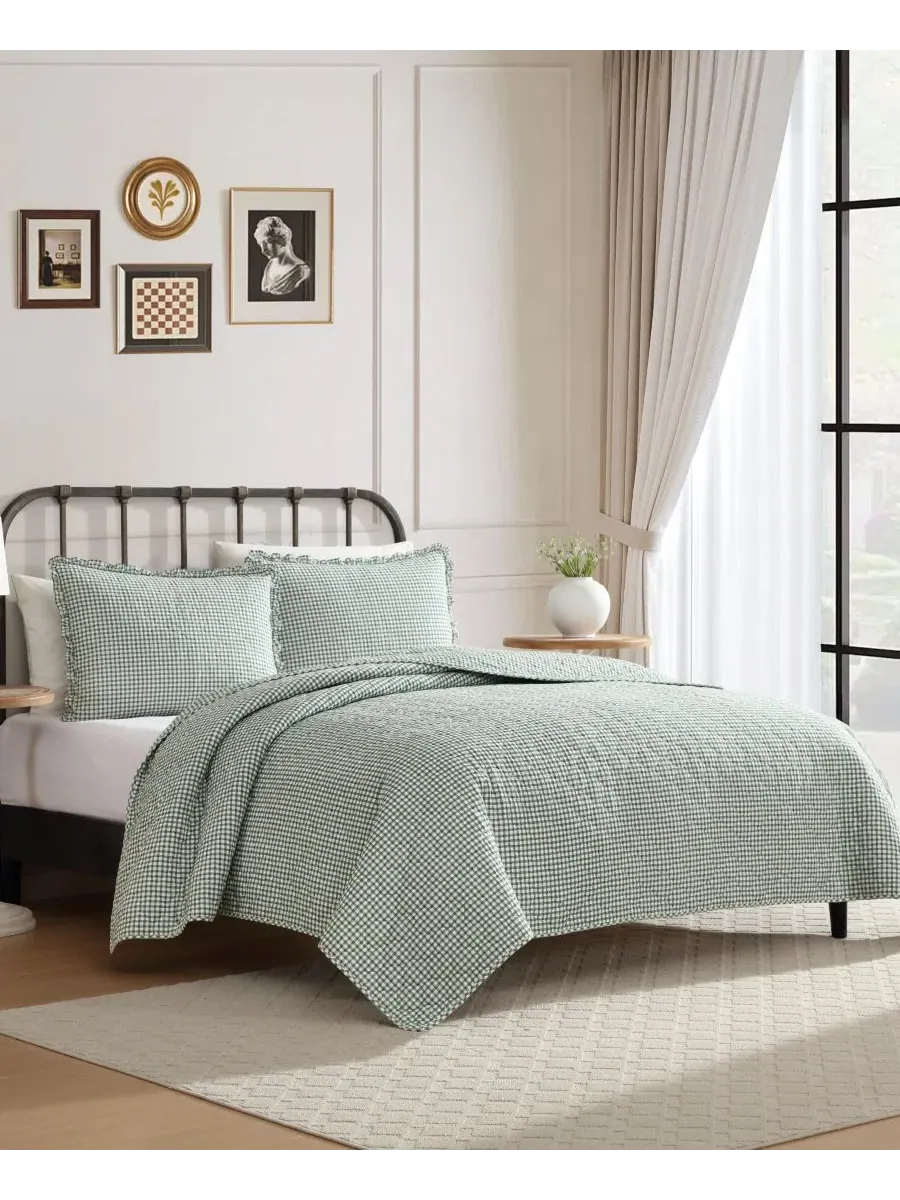 Комплект стеганого одеяла из хлопка в клетку Gracies Laura Ashley — изображение 2 из 8, оливковый зеленый