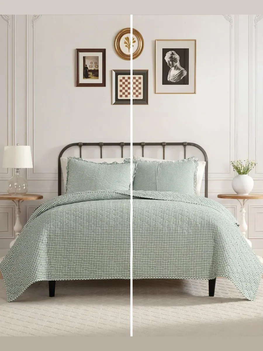 Комплект стеганого одеяла из хлопка в клетку Gracies Laura Ashley — изображение 4 из 8, оливковый зеленый
