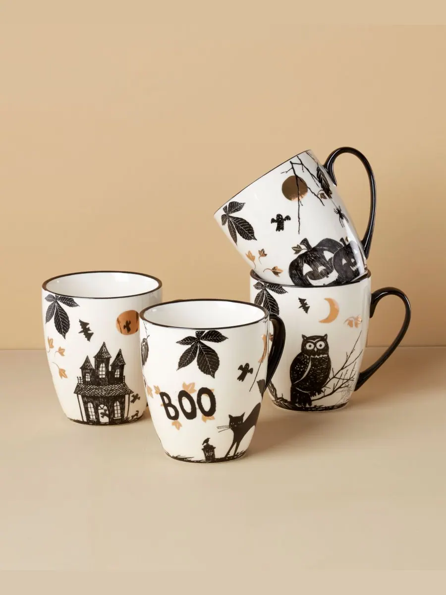 Набор из 4 кружек на тему Хэллоуина с жуткими рисунками Lenox — изображение 2 из 3, белый