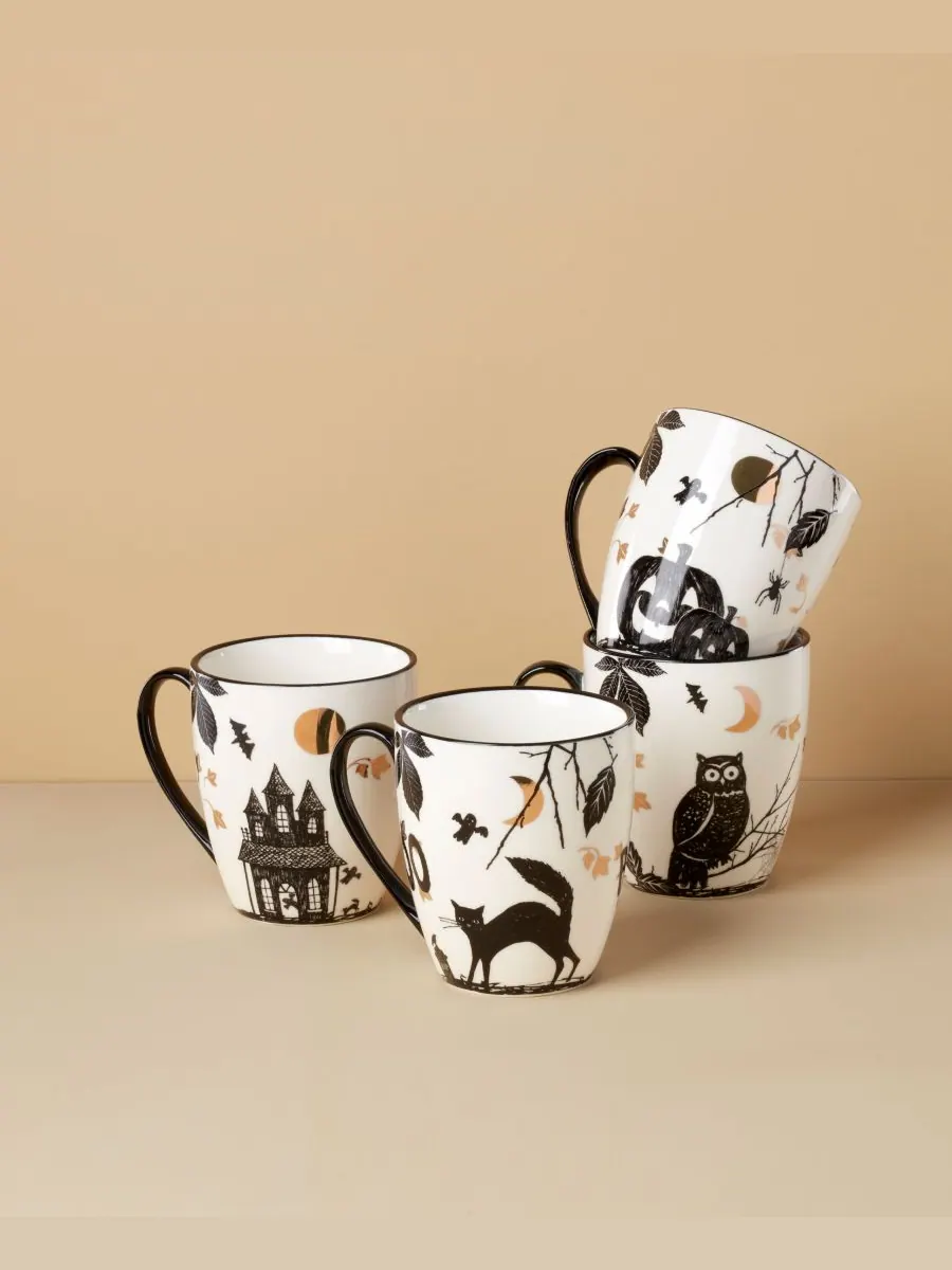 Набор из 4 кружек на тему Хэллоуина с жуткими рисунками Lenox — изображение 3 из 3, белый