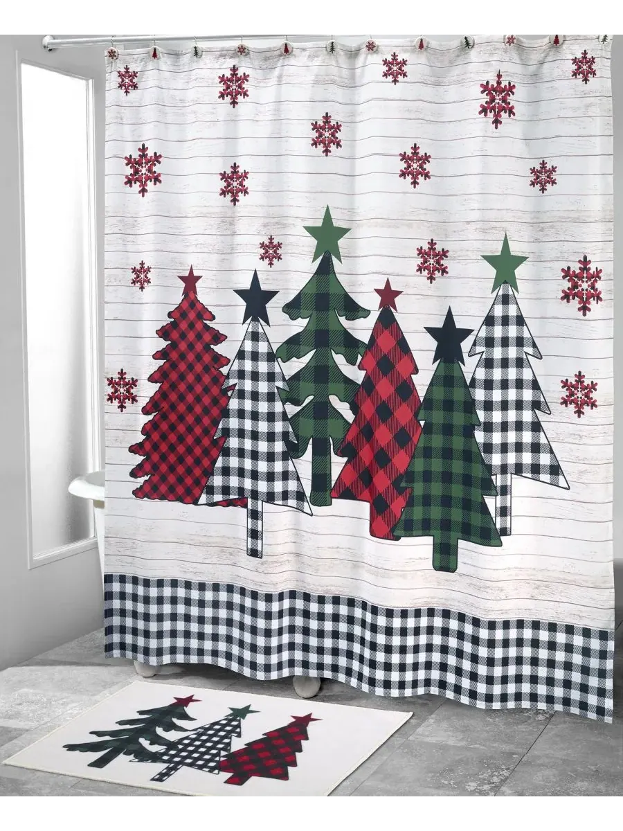 Шторка для душа с клетчатым принтом "Tis the Season Holiday", 183 см x 183 см Avanti — изображение 2 из 2, мульти