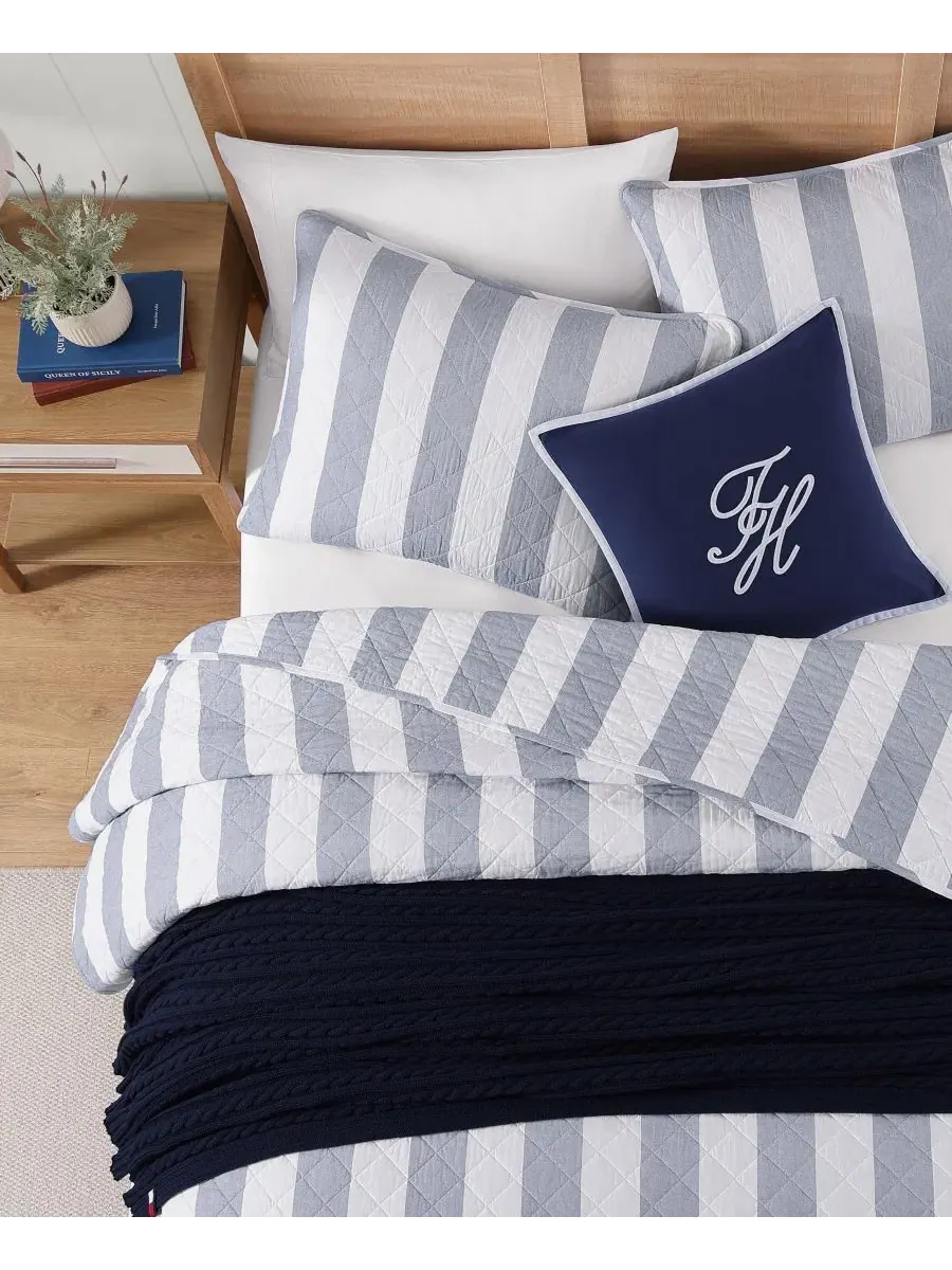 Комплект стеганого одеяла Capri Stripe Cotton Reversible Tommy Hilfiger — изображение 3 из 7, белый синий