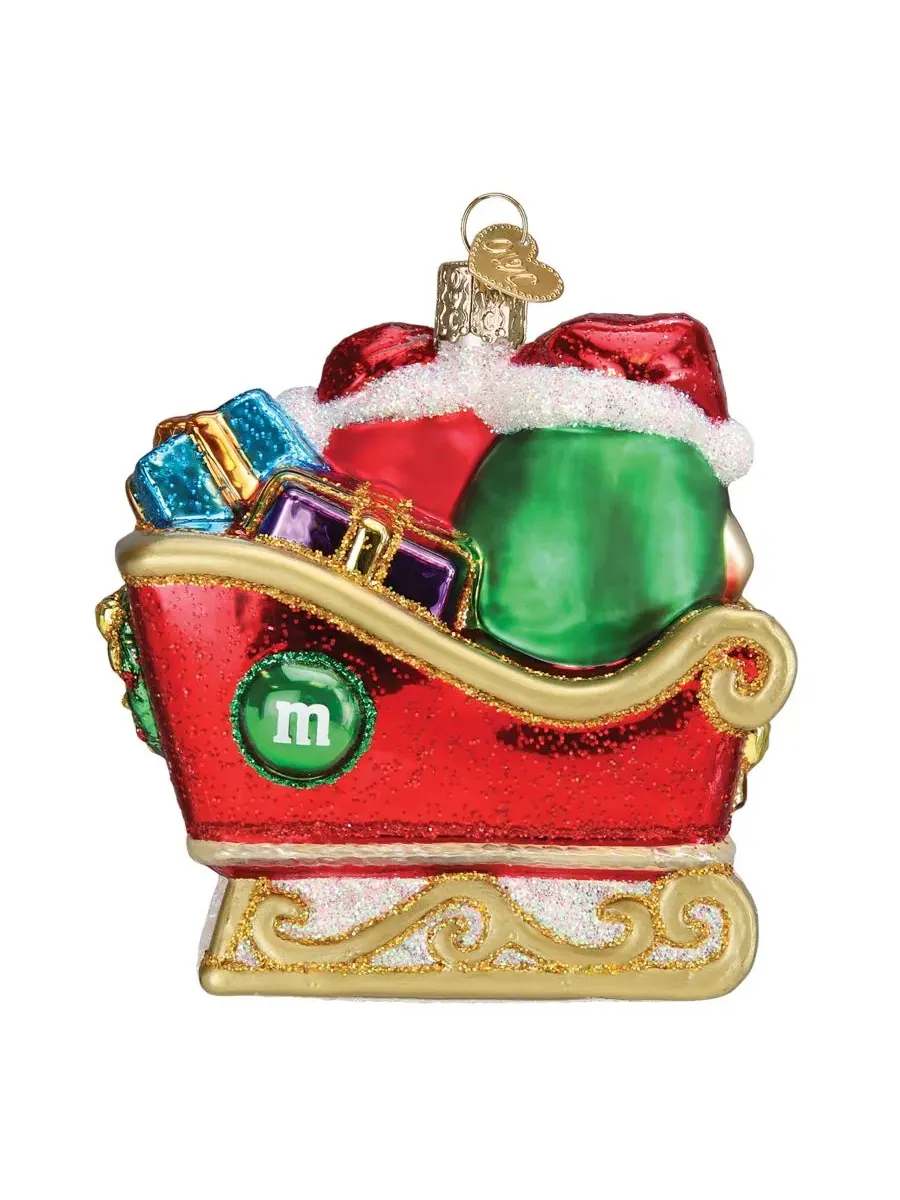 Елочная игрушка Mars Wrigley Candies M&M's in Sleigh Old World Christmas — изображение 2 из 4, красный зеленый