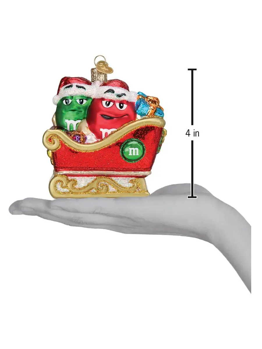 Елочная игрушка Mars Wrigley Candies M&M's in Sleigh Old World Christmas — изображение 4 из 4, красный зеленый