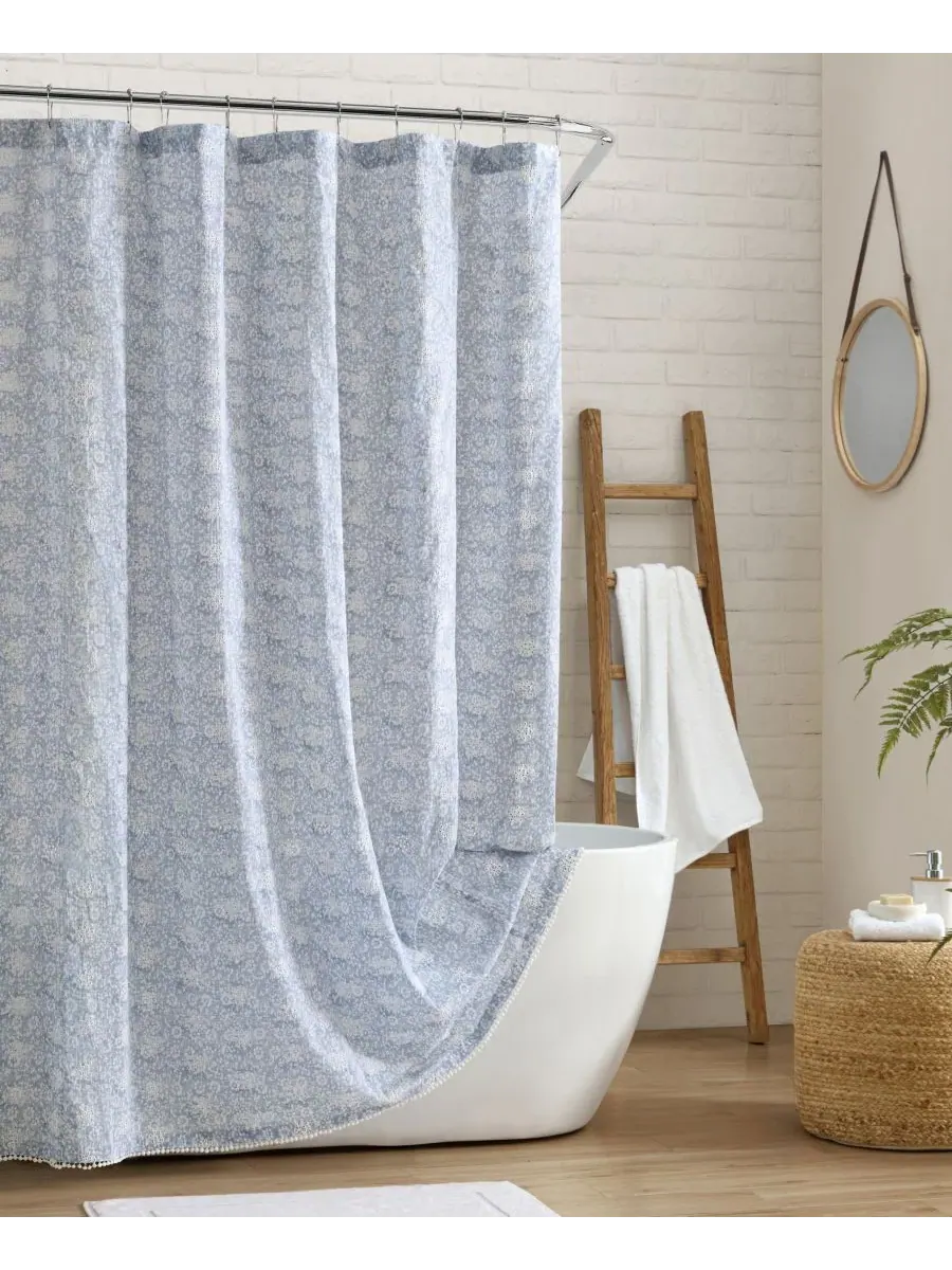 Шторка для душа из хлопка с принтом Ikat Eyelet Peri Home — изображение 1 из 4, синий