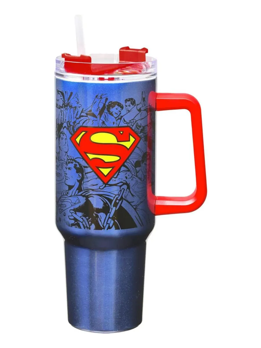 Дорожная кружка Superman из нержавеющей стали с двойными стенками, трубочкой и ручкой, объем 40 — синий