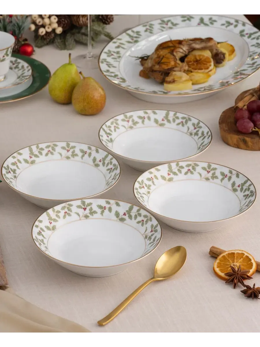 Набор из 4 суповых тарелок Holly & Berry Gold, 19 см , 340 г Noritake — изображение 7 из 12, белый зеленый