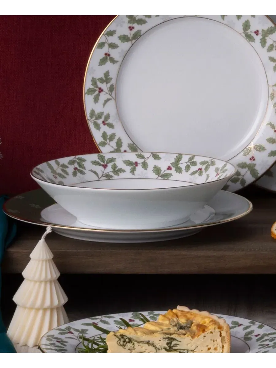 Набор из 4 суповых тарелок Holly & Berry Gold, 19 см , 340 г Noritake — изображение 8 из 12, белый зеленый
