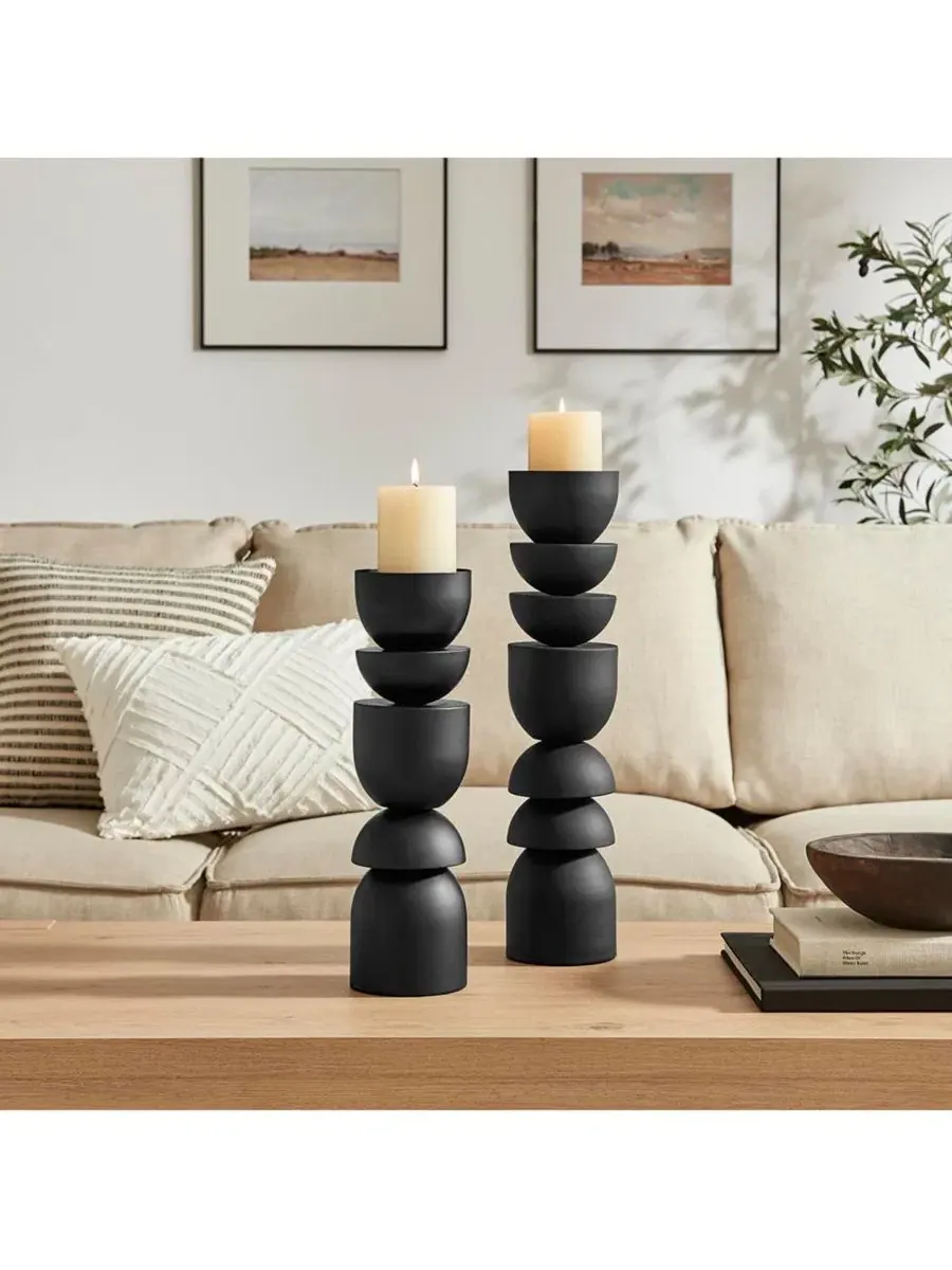 Набор из 2 скульптурных подставок для свечей Stacked Sculptural Metal Candle Holder Danya B — изображение 1 из 7, черный