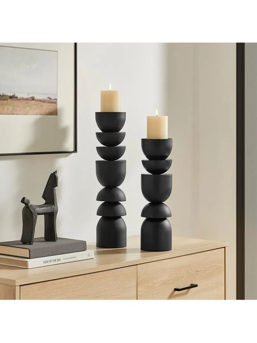 Набор из 2 скульптурных подставок для свечей Stacked Sculptural Metal Candle Holder Danya B — изображение 5 из 7, черный