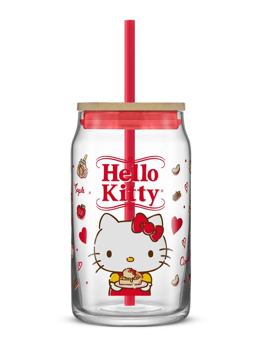 Любимый вкус Hello Kitty и ее друзей. Стеклянный стакан в форме банки Hello Kitty с деревянной — изображение 1 из 10, мульти