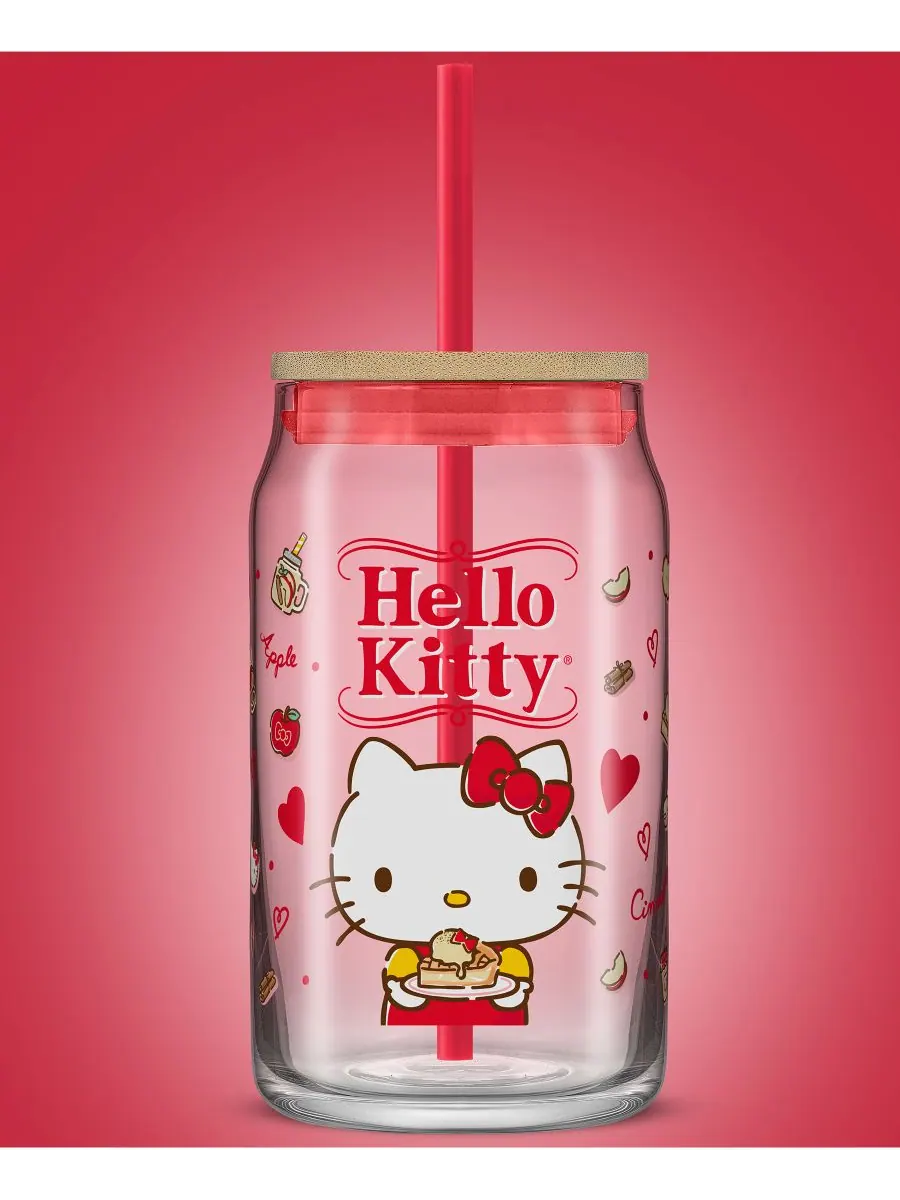 Любимый вкус Hello Kitty и ее друзей. Стеклянный стакан в форме банки Hello Kitty с деревянной — изображение 4 из 10, мульти