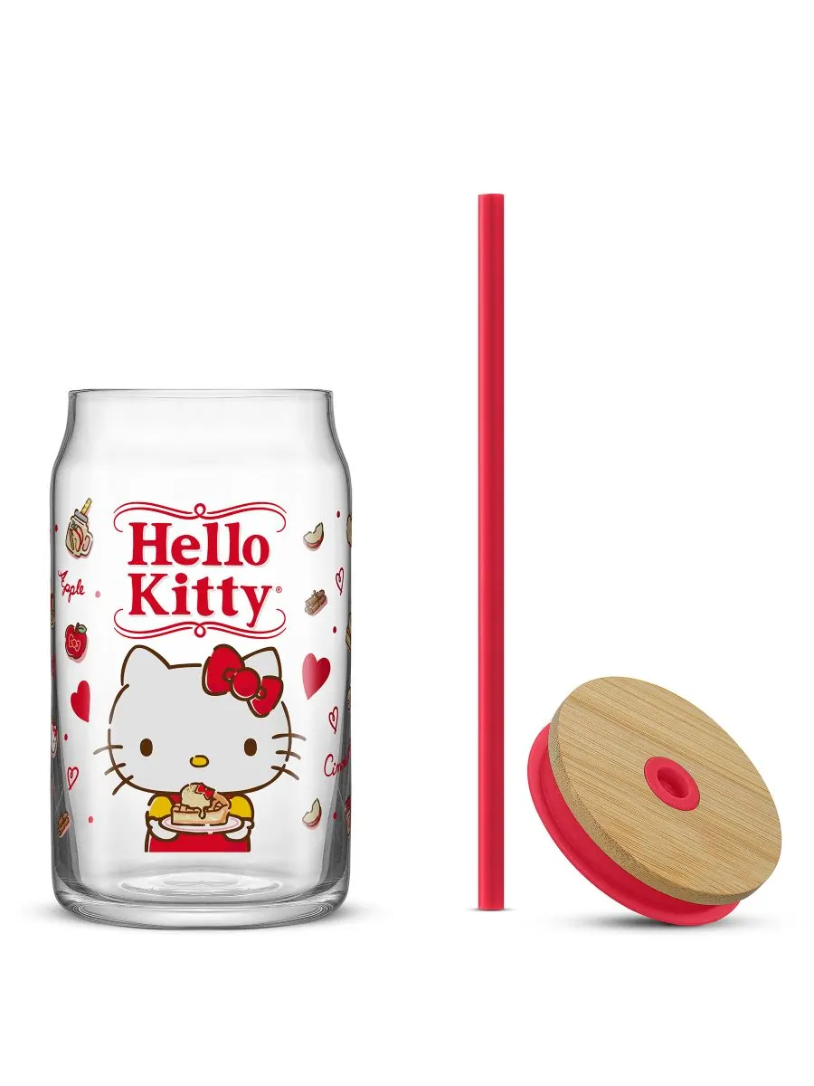 Любимый вкус Hello Kitty и ее друзей. Стеклянный стакан в форме банки Hello Kitty с деревянной — изображение 8 из 10, мульти
