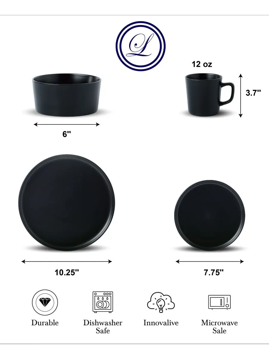 Lorren Home Trends Черный столовый сервиз из 16 предметов, на 4 персоны — изображение 5 из 6