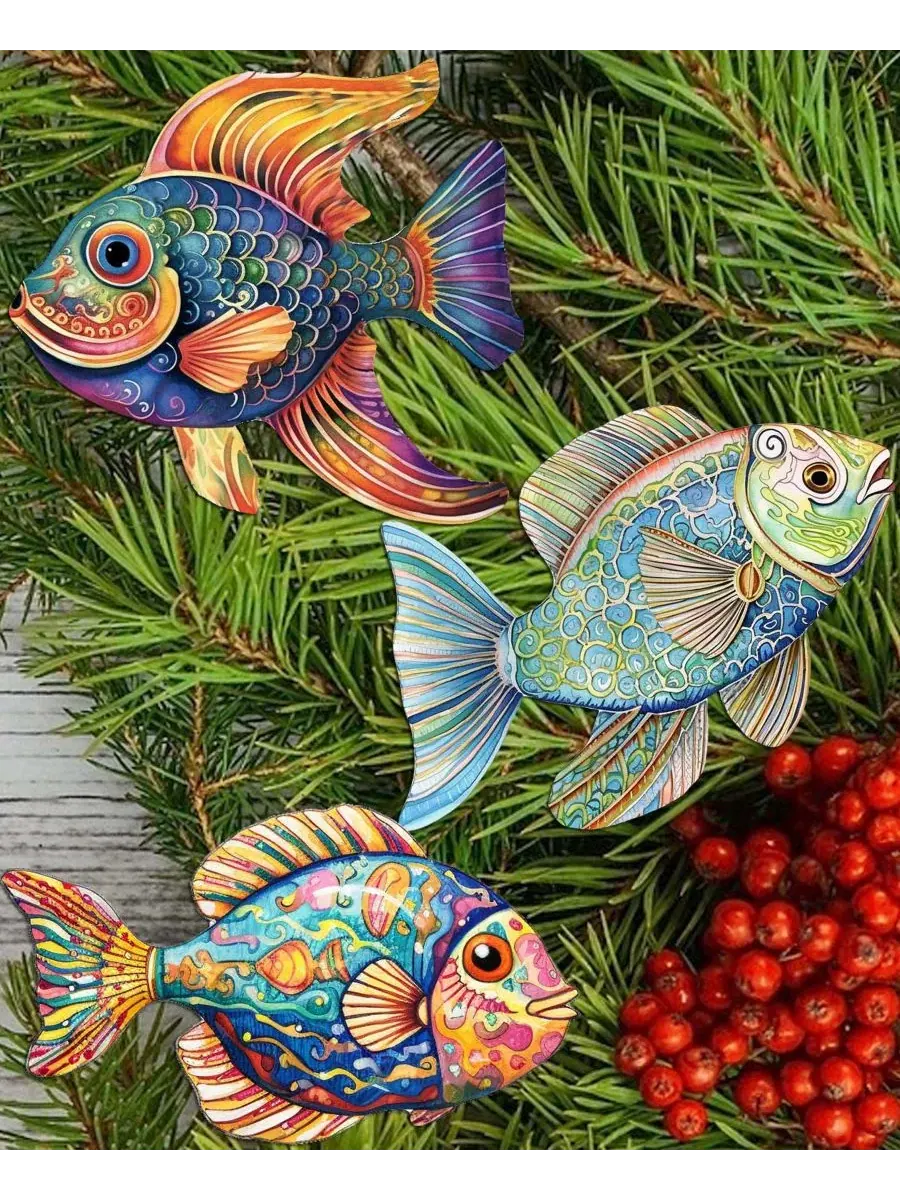 Набор деревянных елочных игрушек-прищепок Fish Designocracy — изображение 3 из 8, мульти
