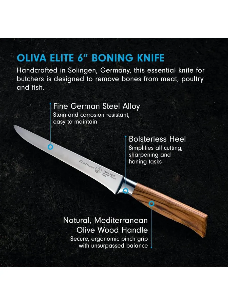 Обвалочный нож Oliva Elite Stiff - 6 дюймов Messermeister — изображение 3 из 6, серебристый