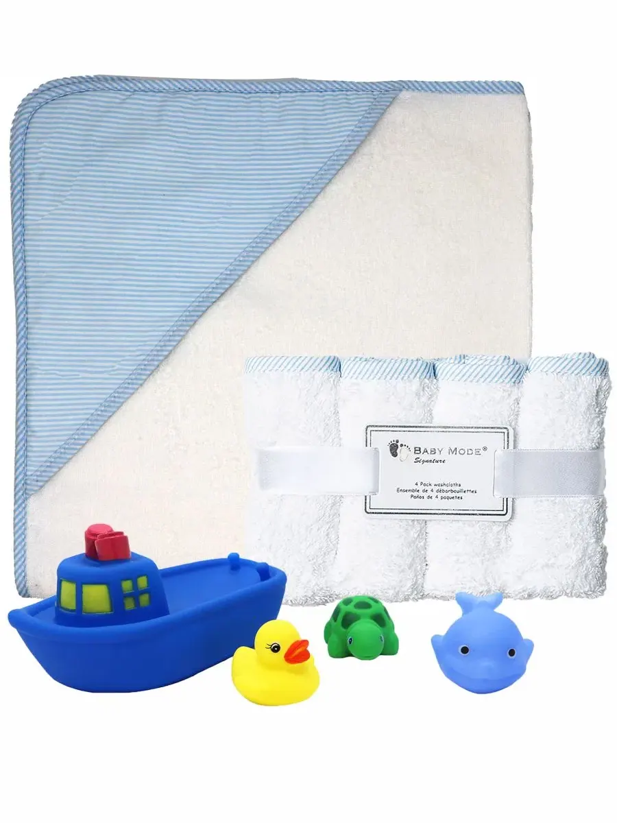 Набор для купания мальчика: полотенце, мочалка и игрушки, 9 предметов Baby Mode Signature — изображение 1 из 4, синий