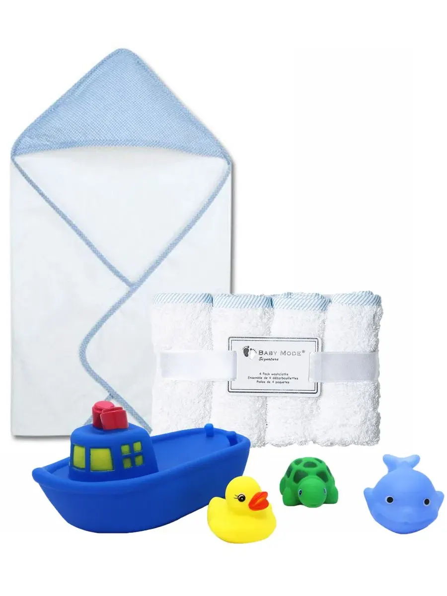 Набор для купания мальчика: полотенце, мочалка и игрушки, 9 предметов Baby Mode Signature — изображение 2 из 4, синий