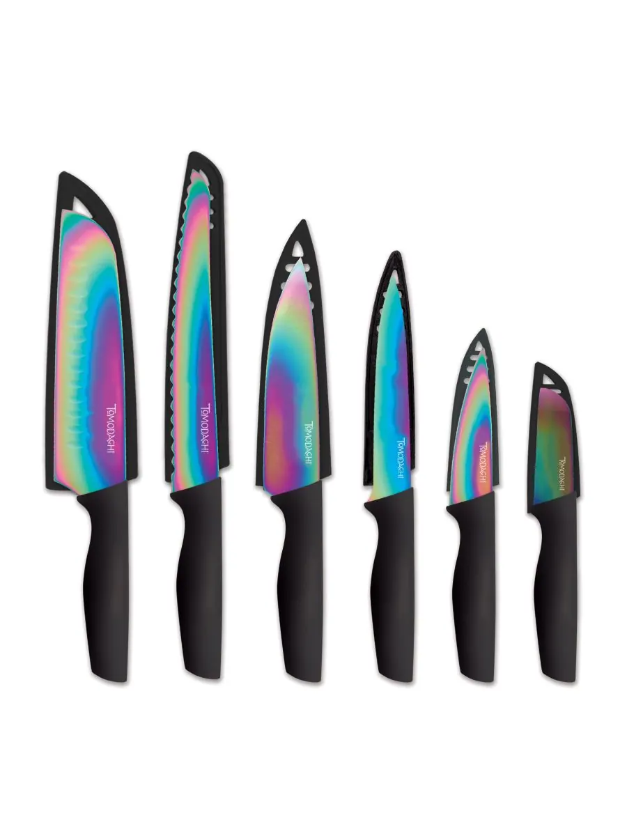 Набор ножей Tomodachi Rainbow Black из 12 предметов с соответствующими титановыми защитными — мульти
