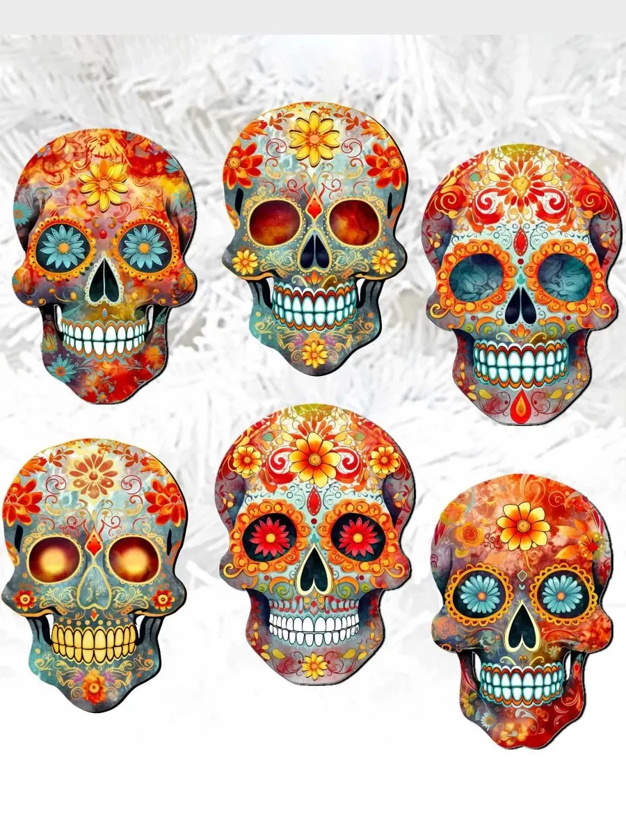 Набор елочных игрушек-прищепок из дерева, 6 шт., Sugar Skulls Designocracy — изображение 2 из 8, мульти
