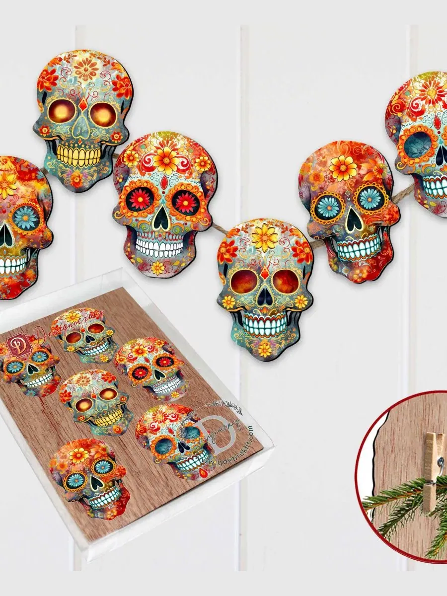 Набор елочных игрушек-прищепок из дерева, 6 шт., Sugar Skulls Designocracy — изображение 3 из 8, мульти